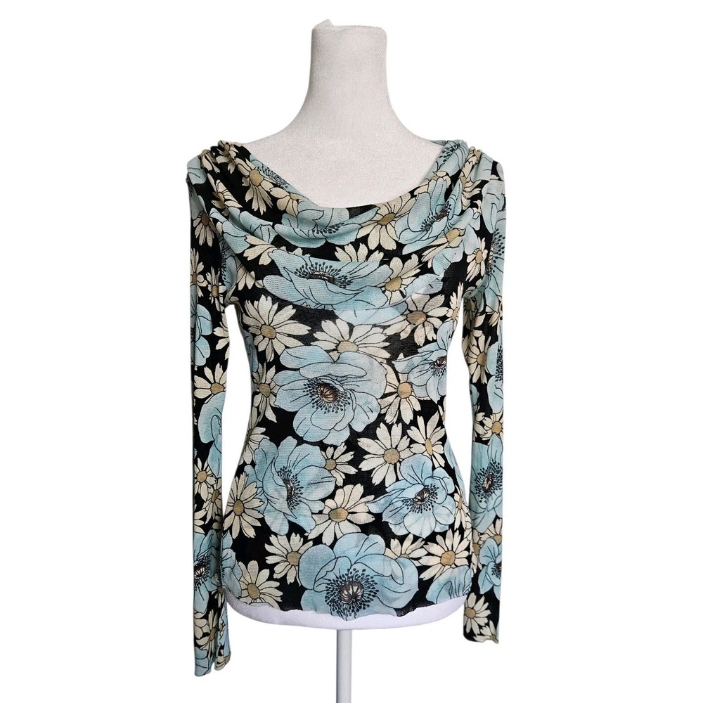 Blue White Daisy Floral Mesh Top Long Sleeve Ruched Cowl Neck Y2K  Stretch Sz S